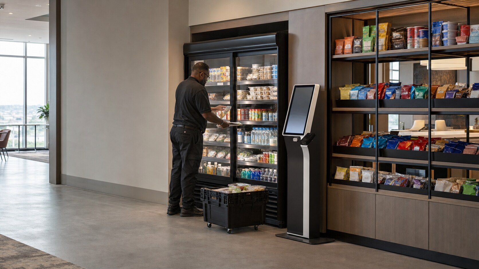 A route operator services refrigeration and open shelves beside a self-checkout kiosk in a modern office micro market.