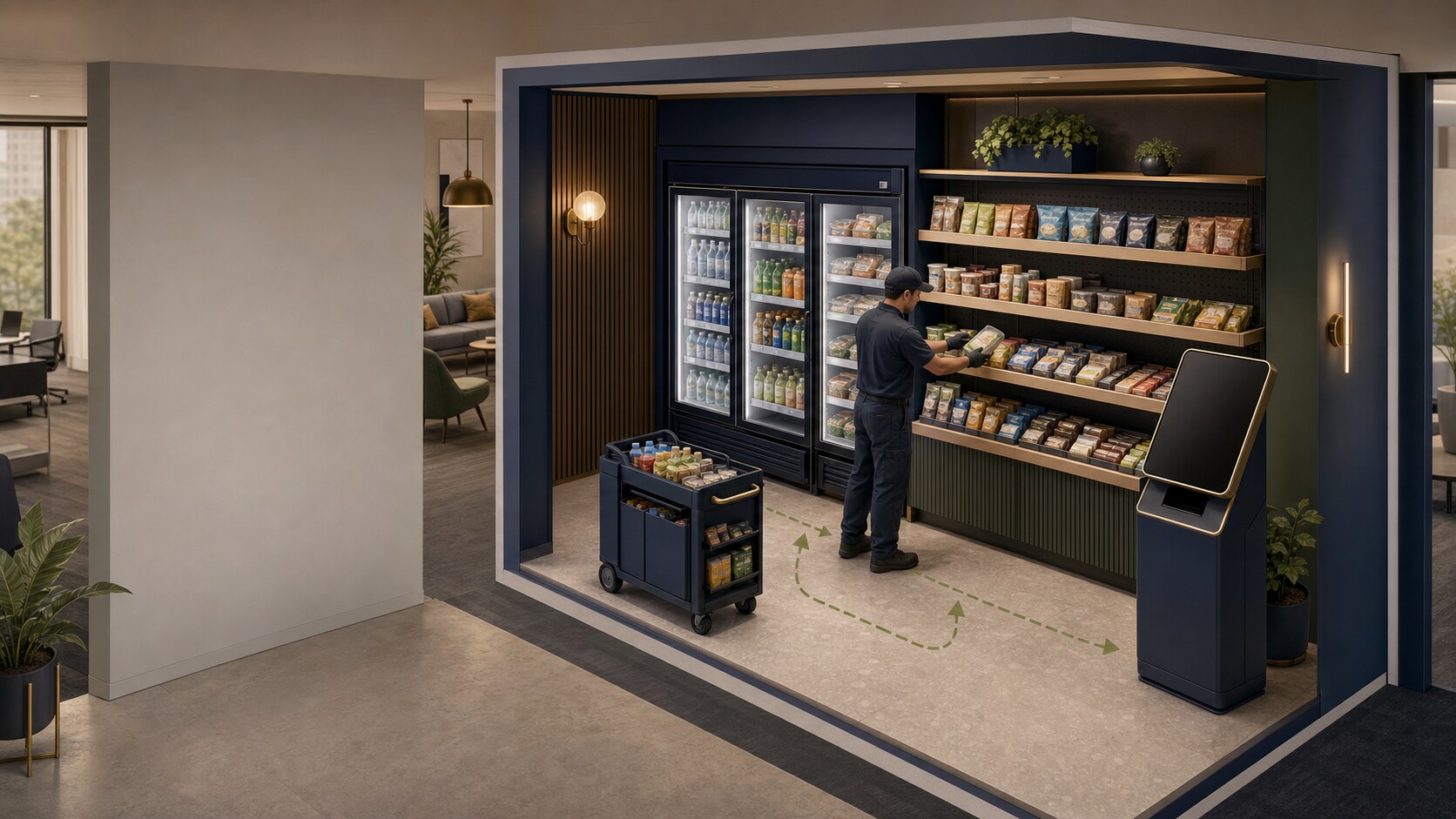 An editorial cutaway of an office micro market with refrigeration, open shelves, a self-checkout kiosk, a route cart, and an operator reviewing the set.